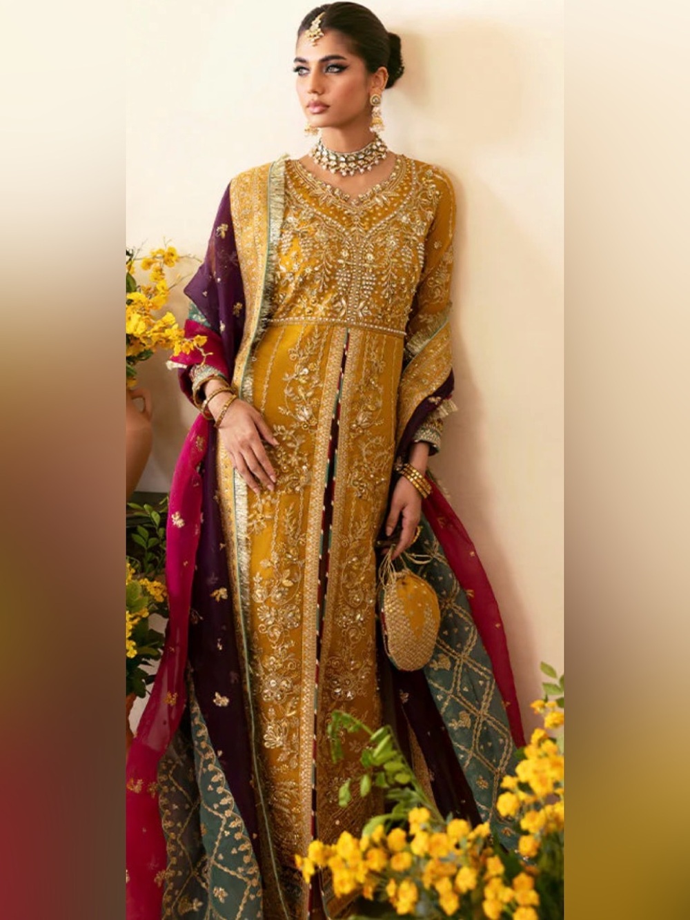 Embellished Mustard  Dress with Contrasting Dupatta bust 42 fully lined